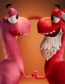 two cartoon characters one pink and one red holding hands