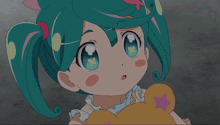 a little girl with blue hair and a pink bow in her hair