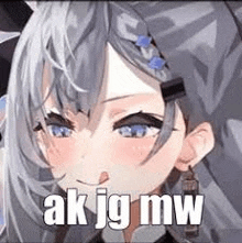 a close up of a girl with gray hair and blue eyes with the words `` ak jg mw '' written on it .