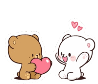 a brown teddy bear holding a pink heart next to a white teddy bear .