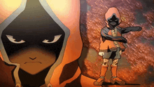 a cartoon character wearing a hooded jacket and shorts is standing next to another character .