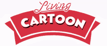 a living cartoon logo with a red and white ribbon