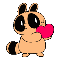 a cartoon drawing of a raccoon holding a heart in its mouth .