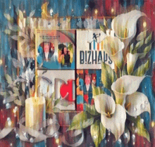 a painting of flowers and candles with a sign that says bizhaus