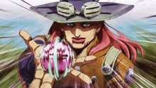 a cartoon character with pink hair is holding a pink object