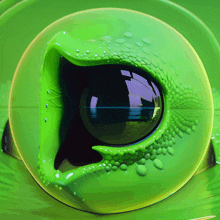 a close up of a green frog 's eye with water reflections