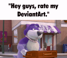 a cartoon of a dog holding a box that says " hey guys rate my deviantart "