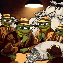 a group of frogs in suits and hats are sitting around a table with a bag of money on it