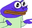 a purple frog with big eyes and a brown mouth is wearing a green shirt and pointing at something .