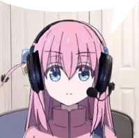 a girl with pink hair and blue eyes is wearing headphones and a microphone