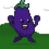 a pixel art illustration of a purple eggplant with a green top