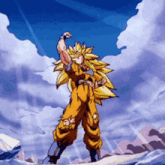 a cartoon character is standing on a rock with his fist up in the air .