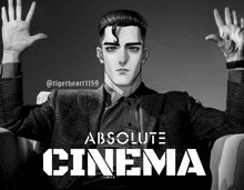 a man in a suit sits in a chair with his hands up and the words absolute cinema below him