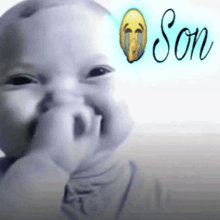 a baby is making a funny face and the word son is on the bottom right