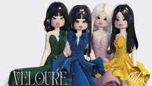 a group of dolls standing next to each other with the words veloure ador on the bottom right