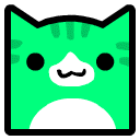 a green cat with a white nose and mustache is looking out of a square .