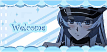 a welcome sign with a picture of a girl with blue hair