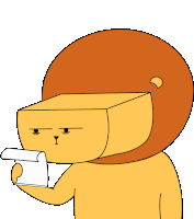 a cartoon drawing of a lion with a box on its head reading a piece of paper