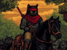 a pixel art drawing of a cat riding a horse