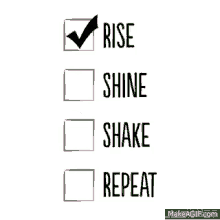 a checklist that says rise shine shake and repeat