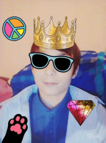 a boy wearing sunglasses and a crown has a peace sign and a diamond on his face