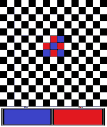 a black and white checkered background with a red square in the middle