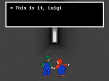 mario and luigi are standing next to each other in a dark room .