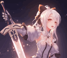 a girl with white hair is holding a sword with a cross on it