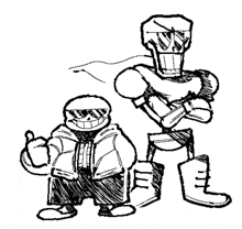 a black and white drawing of papyrus and sans from undertale standing next to each other .