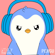 a penguin wearing headphones holds a stop sign