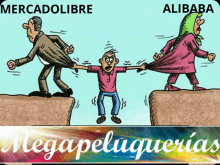 a cartoon of a man pulling a child over a cliff with the words mercadolibre and alibaba above