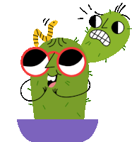 a cartoon illustration of a cactus wearing sunglasses and a worm on its head