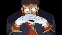a cartoon character with glasses and white gloves on