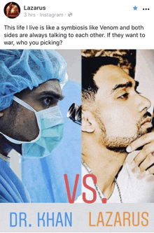 a facebook post that says dr. khan vs lazarus on it