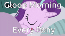 a picture of a pony with the words " goop morning every pony " written below it