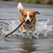 a dog with a stick in its mouth is running through the water