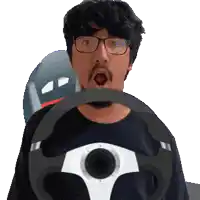 a man with glasses is holding a steering wheel