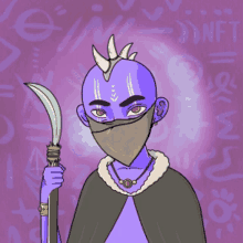 a cartoon drawing of a person with a mask and a spear