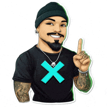 a cartoon of a man wearing a black shirt with a blue cross on it