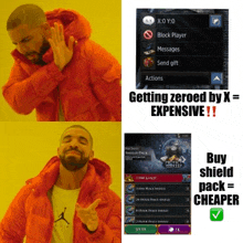 a man in a red jacket says buy shield pack cheaper