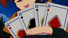 a man with red eyes is holding four aces playing cards
