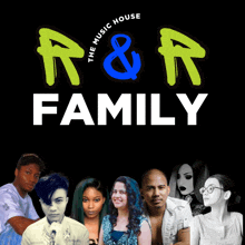 a group of people are standing in front of a r & r family logo