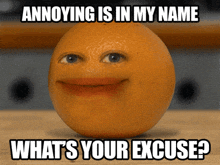 an orange with a face on it that says annoying is in my name what 's your excuse ?