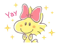 a cartoon drawing of woodstock with a pink bow on his head