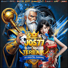 a poster for jos77 slot online terbaik with a man and woman