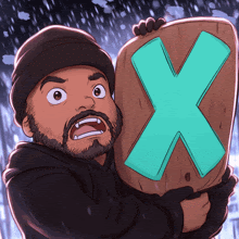 a cartoon drawing of a man holding a snowboard with a green x on it