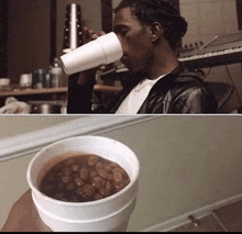 a man drinking a cup of coffee next to a bowl of beans