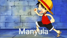 monkey d luffy from one piece is running in front of a blue wall