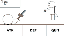 a drawing of a stick figure holding a sword with the words atk def and quit below it