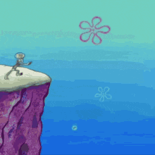 squidward from spongebob squarepants is standing on top of a cliff in the ocean .